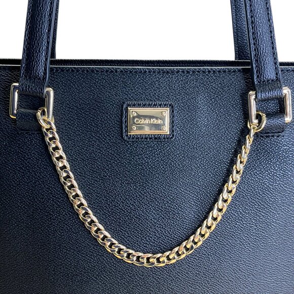 Calvin Klein Black Faux Leather With Gold Chain Detail & Dual Straps Tote Bag - Picture 7 of 14